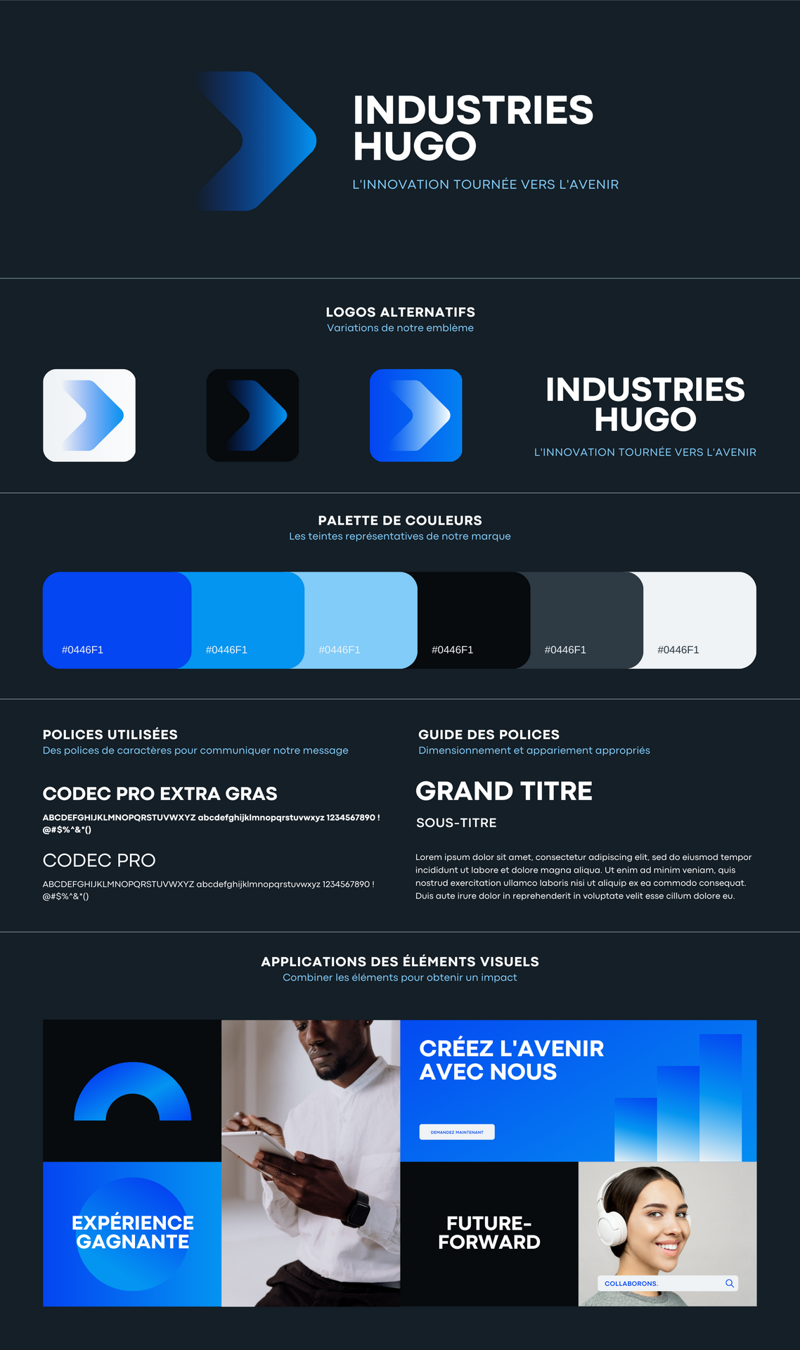 Exemple d'identité visuelle montrant le logo, les couleurs et la typographie utilisés par une marque fictive